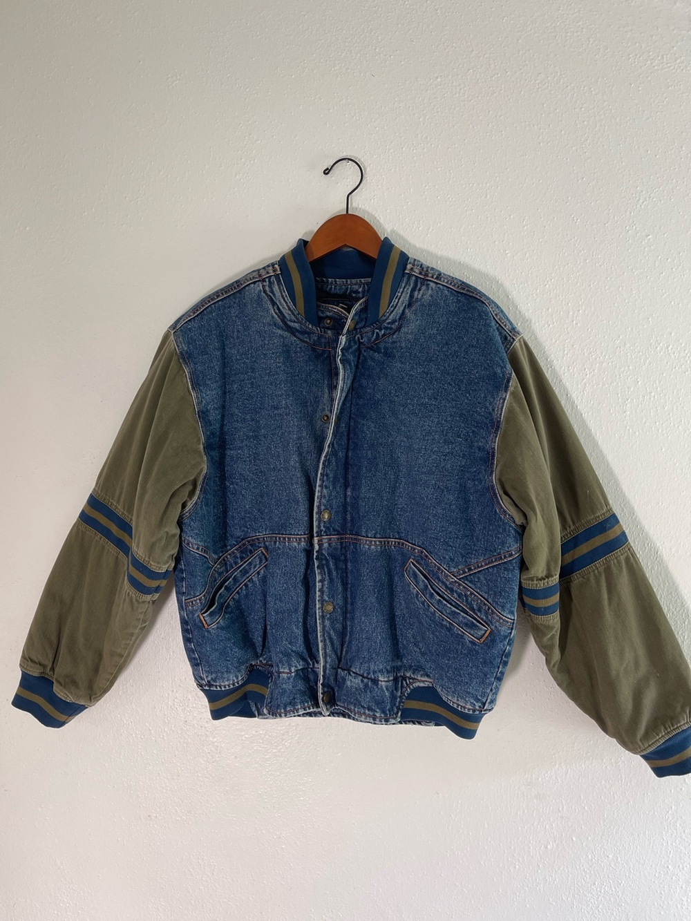 Denim Bomber Jacket with Olive Sleeve Accents